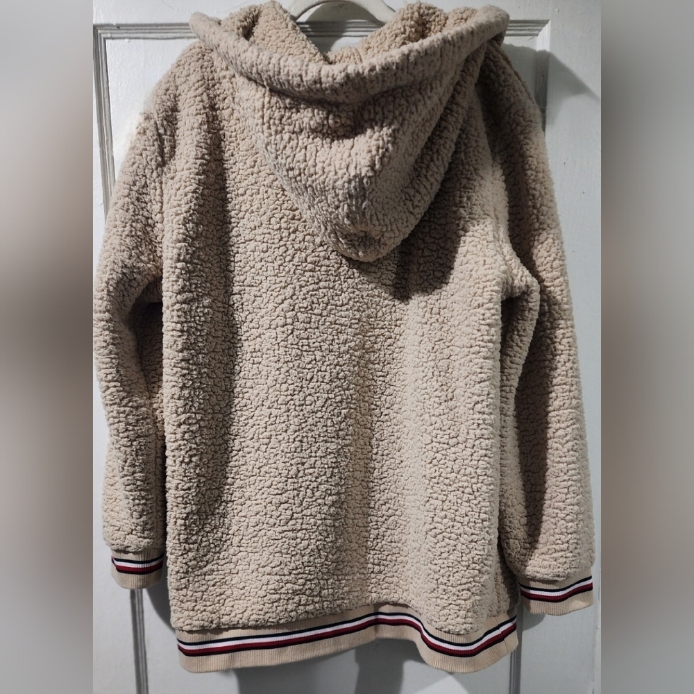 🧸 Tommy Hilfiger Oversized Teddy Sherpa Hoodie Jacket Cream Beige L 🤎 - Picture 5 of 7